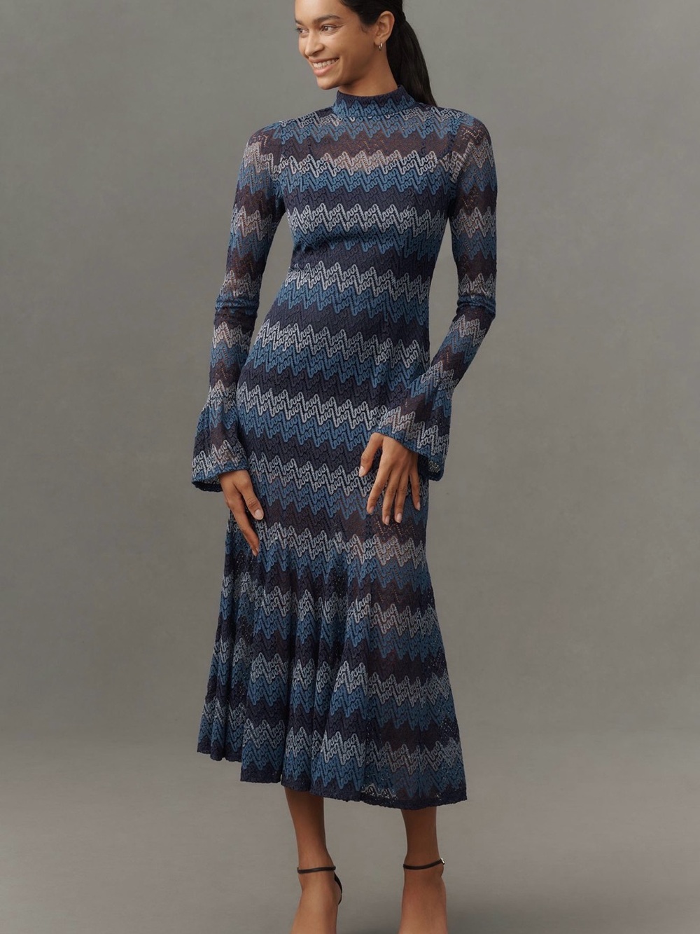 NWT En Saison Blue Lace Mock Neck Midi Dress Bell Sleeves Size Large